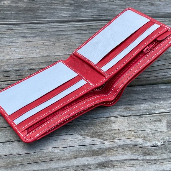 Genuine Leather Card Holder Handmade Wallet Men Bifold RedWhite Card Holder - Picture 5 of 14